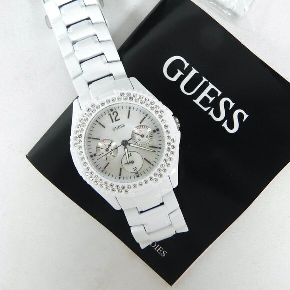 NWT Guess Ladies Mother-Of-Pearl Watch | White Ceramic with Crystals Wristwatch - Picture 8 of 10